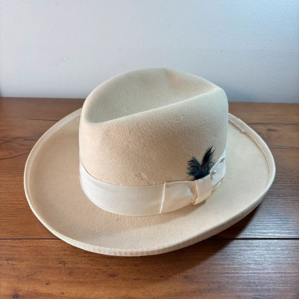 Vintage Designer Collection Godfather Cream Wool Felt Fedora Hat Feather Accent